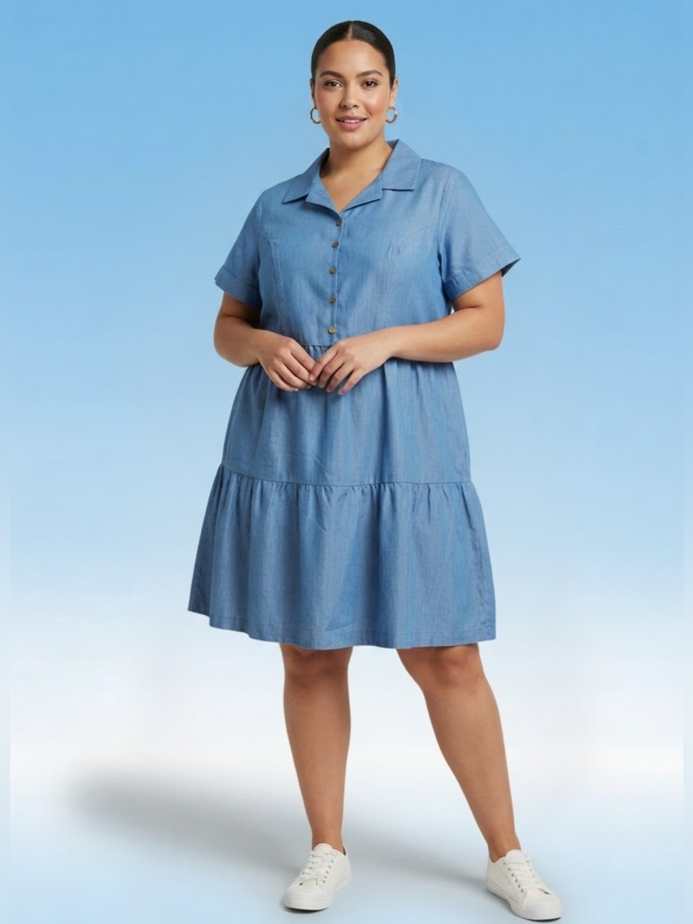 Tiered V-Neck 1/2 Button Up Dress • NWT • 23" p2p, 40.5" length
